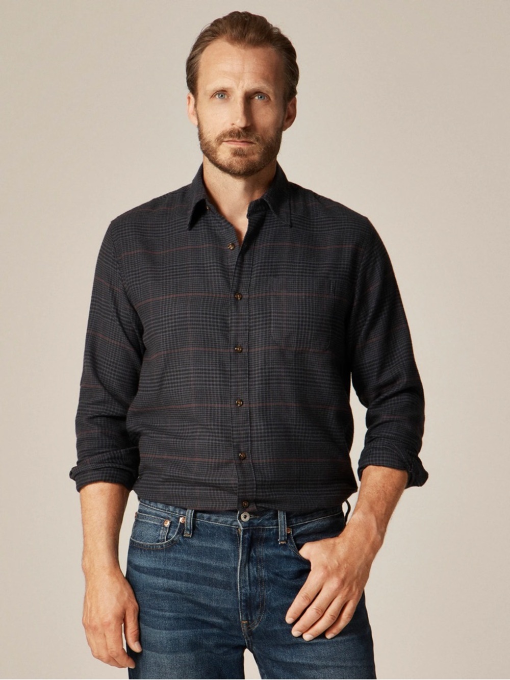 J. Crew Cotton-Cashmere Blend Shirt Navy Blue Black Check Flannel Men's XL EUC